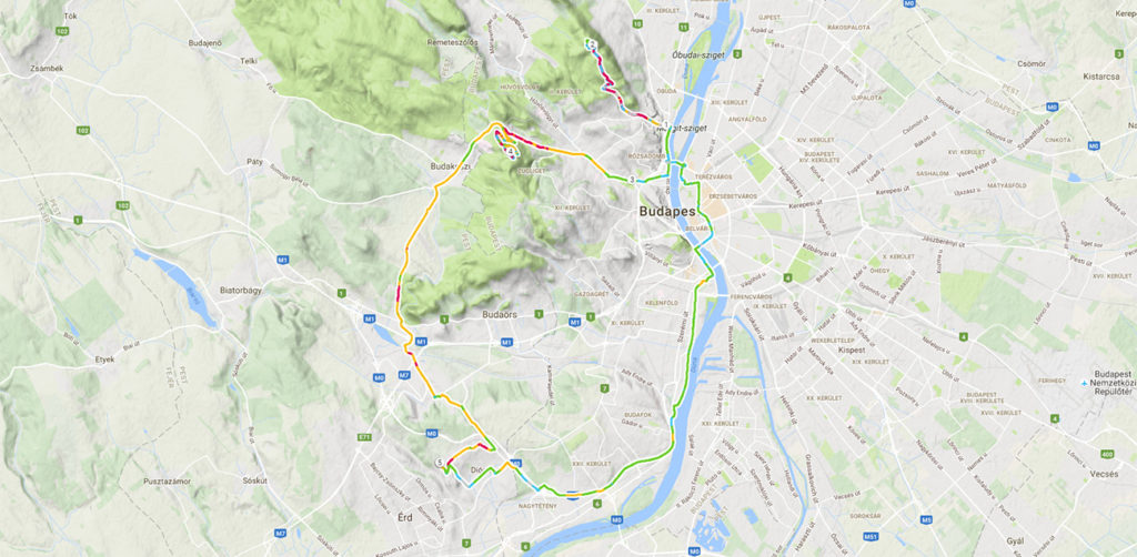 A budapesti két kilátó túra útvonala. A színek a pulzustartományom jelölik a túra alatt, minél pirosabb, annál magasabb.
